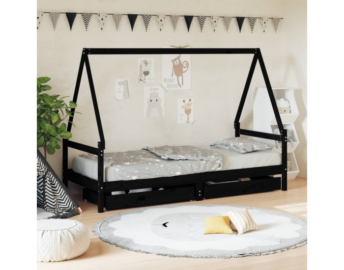 Sonata H Детска рамка за легло с чекмеджета, черна, 90x190 см, бор масив