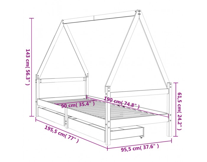 Sonata H Детска рамка за легло с чекмеджета, черна, 90x190 см, бор масив