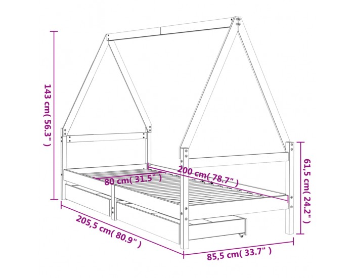 Sonata H Рамка за детско легло с чекмеджета, бяла, 80x200 см, чам масив