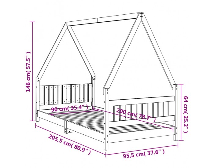 Sonata H Рамка за детско легло, черна, 90x200 см, масивно борово дърво