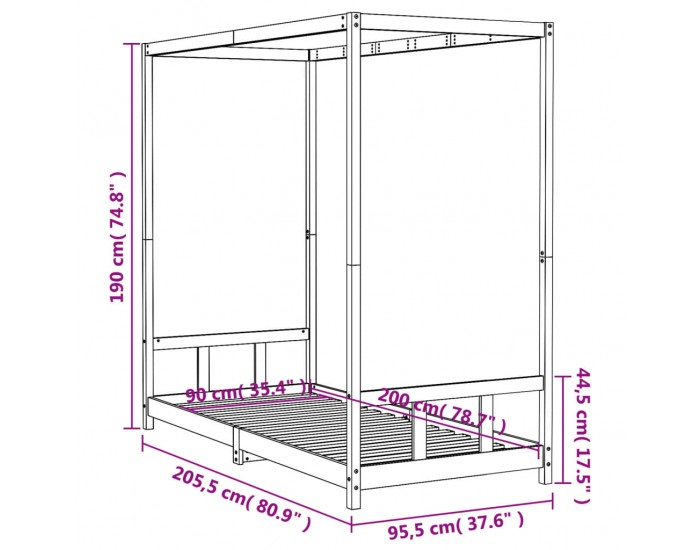 Sonata H Рамка за детско легло бяла 90x200 см масивна борова дървесина
