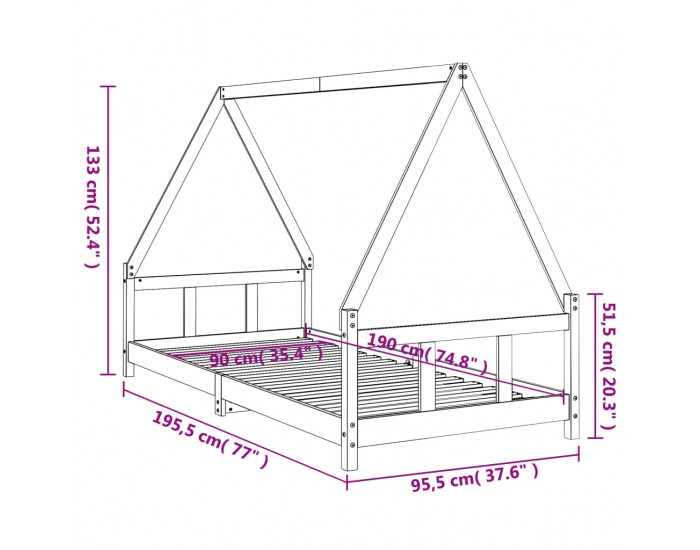 Sonata H Детска рамка за легло, бяла, 90x190 см, бор масив