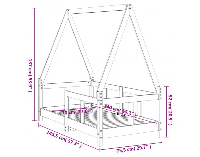 Sonata H Рамка за детско легло, 70x140 см, масивна борова дървесина