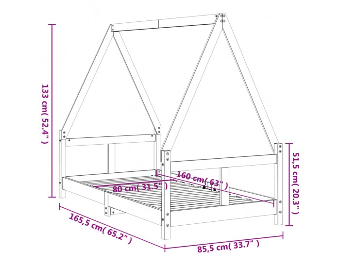 Sonata H Рамка за детско легло черна 80x160 см масивно борово дърво
