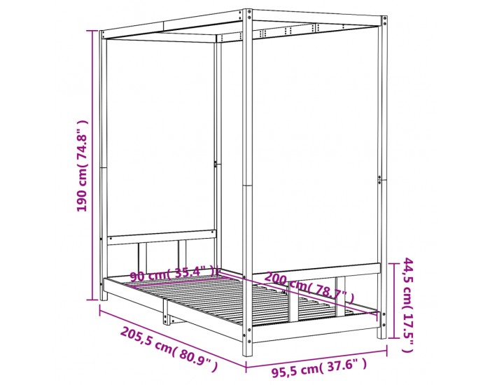 Sonata H Рамка за детско легло, черна, 90x200 см, масивно борово дърво