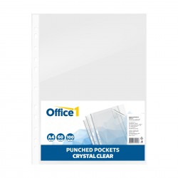 Office 1 Джоб за документи, A4, 60 µm, кристал, 100 броя - Папки, Класьори и Джобове за документи
