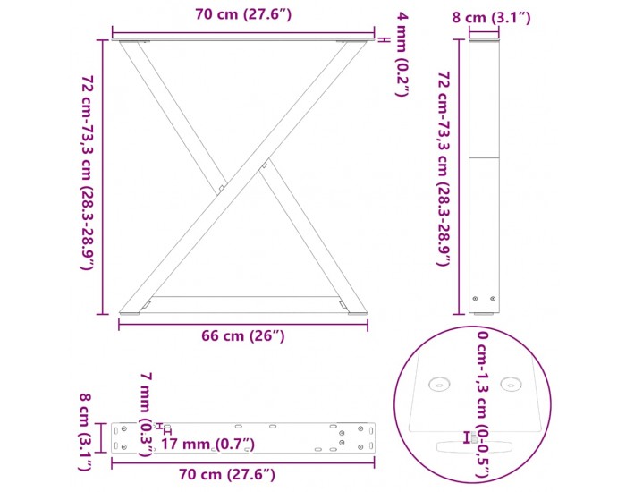Sonata H Крака за трапезна маса 2 бр. бели 70x(72-73,3) cm стомана