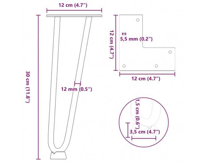 Sonata H Крака за маса за коса 4 бр бели 30 см масивна стомана