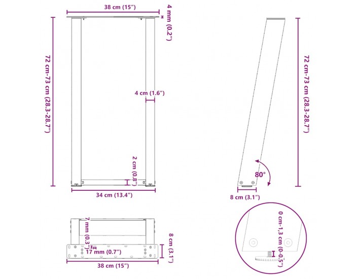Sonata H Конзолна маса крака U-образни 2 бр. черни 38x(72-73) cm стомана