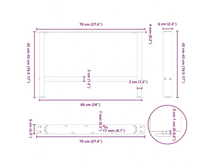 Sonata H Крака за масичка за кафе черни 2 бр. 70x(42-43) cm стомана