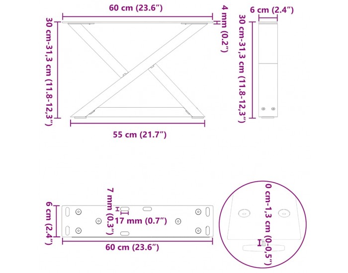 Sonata H Крака за масичка за кафе 2 бр. антрацит 60x(30-31,3) cm стомана