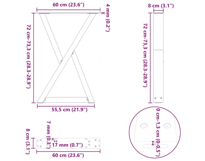 Sonata H Крака за маса за хранене 2 бр Антрацит 60x(72-73,3) см Стомана