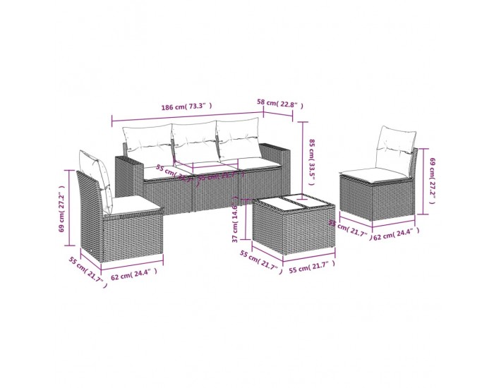 Sonata H Градински диван с възглавници, 6 части, полиратан, сив