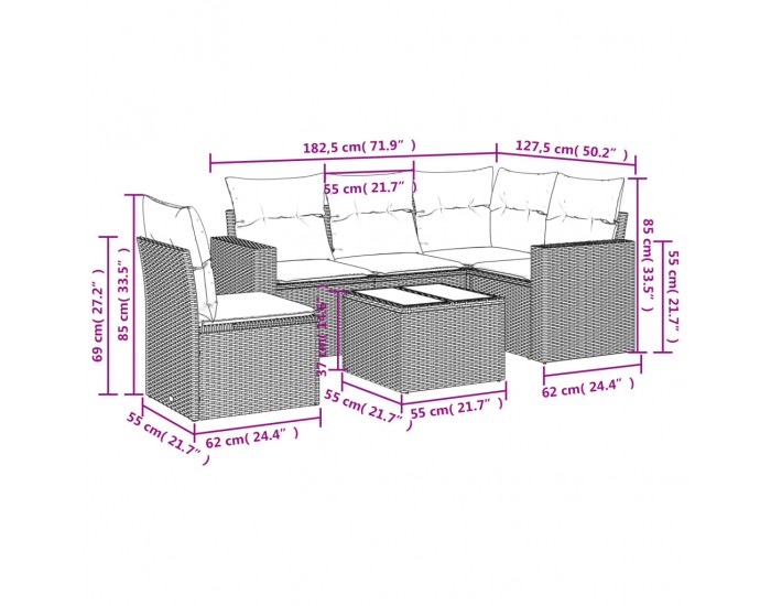 Sonata H Градински диван с възглавници, 6 части, полиратан, сив