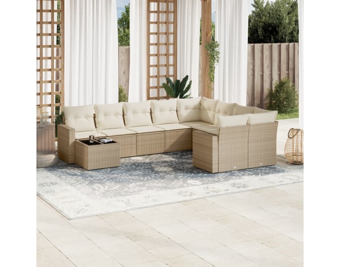 Sonata H Градински диван с възглавници, 10 части, бежов полиратан