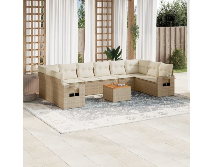 Sonata H Градински диван с възглавници, 11 части, бежов полиратан