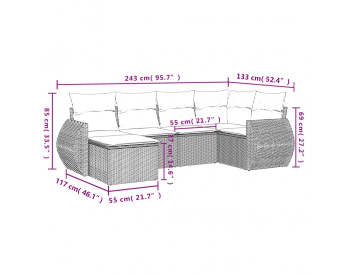 Sonata H Градински диван с възглавници, 6 части, полиратан, сив
