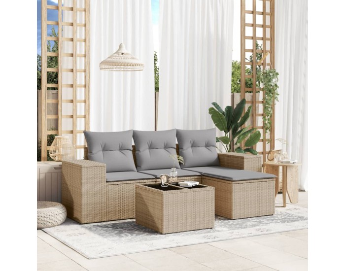 Sonata H Градински комплект диван с възглавници 5 части бежов полиратан