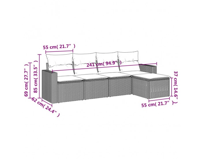 Sonata H Градински комплект с възглавници, 5 части, сив полиратан