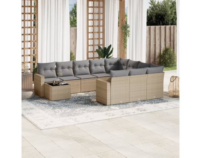 Sonata H Градински диван с възглавници, 11 части, бежов полиратан