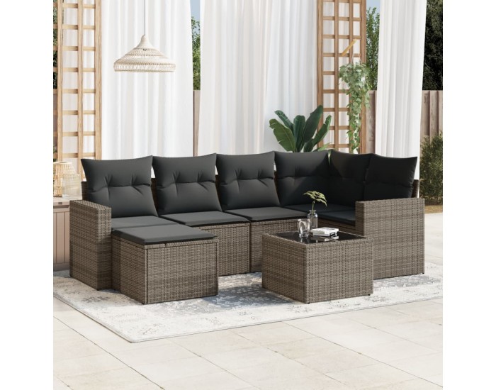 Sonata H Градински диван с възглавници, 7 части, полиратан, сив