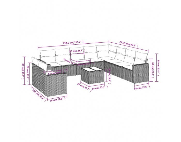 Sonata H Градински комплект диван с възглавници 11 части сив полиратан