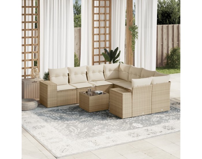 Sonata H Градински комплект диван с възглавници 9 части бежов полиратан