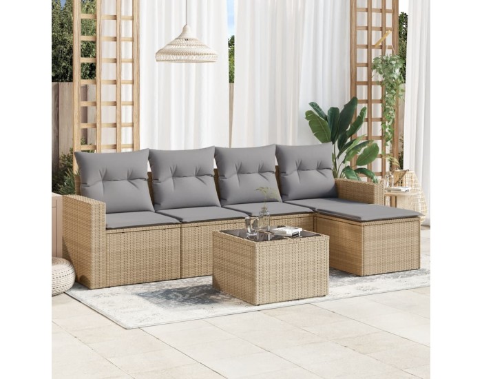 Sonata H Градински диван с възглавници, 6 части, бежов полиратан