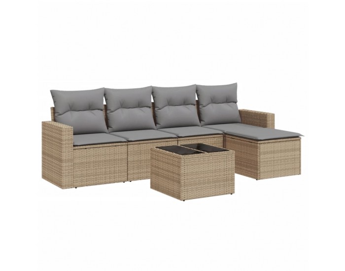 Sonata H Градински диван с възглавници, 6 части, бежов полиратан