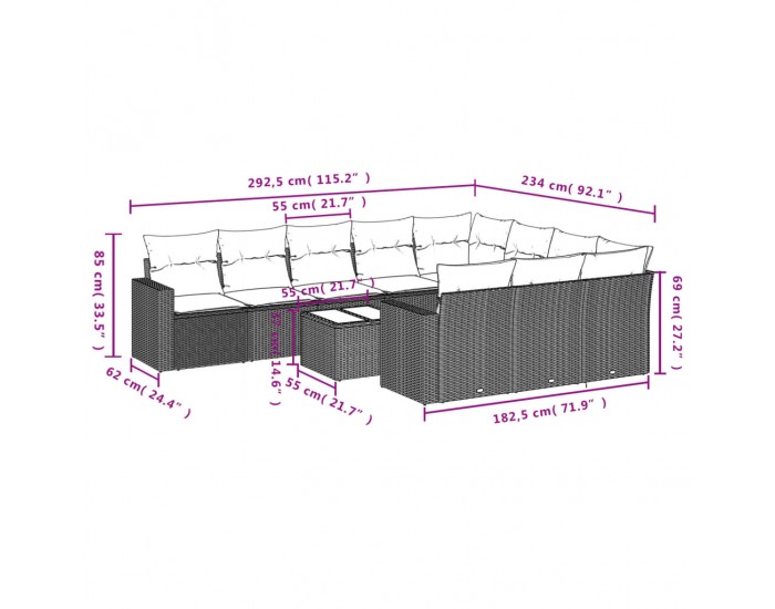 Sonata H Градински комплект диван с възглавници 11 части сив полиратан