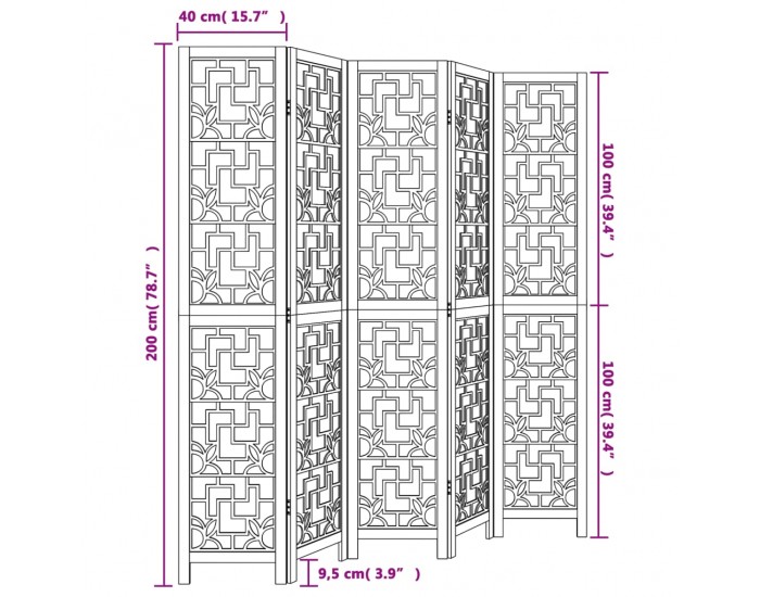 Sonata H Разделител за стая, 5 панела, кафяв, дърво пауловния масив