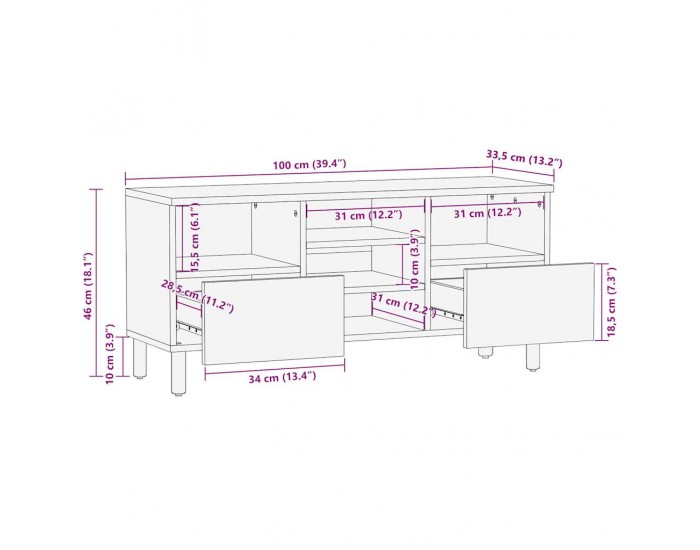 Sonata H ТВ шкаф, черен, 100x33,5x46 см, грубо мангово дърво масив