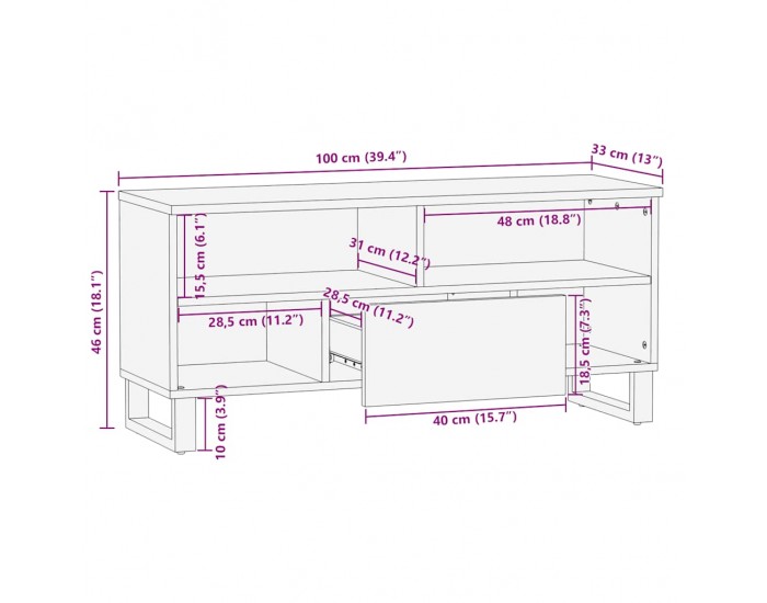 Sonata H ТВ шкаф, черен, 100x33x46 см, мангово дърво масив