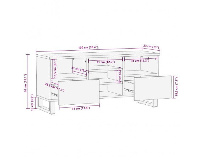 Sonata H ТВ шкаф, черен, 100x33x46 см, мангово дърво масив