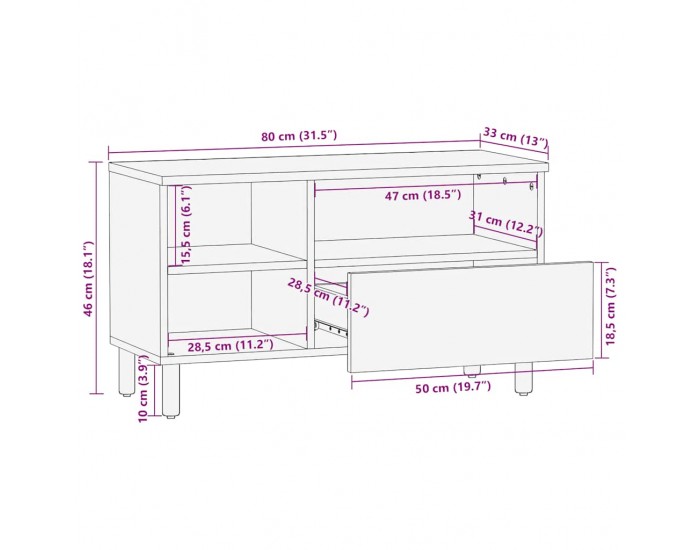 Sonata H TV шкаф кафяв 80x33x46 cm масивна дървесина манго