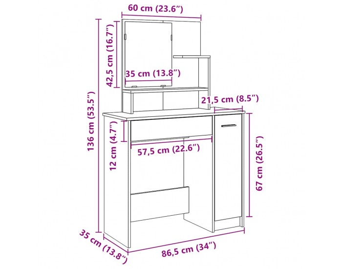 Sonata H Тоалетка с огледало, дъб артизан, 86,5x35x136 см