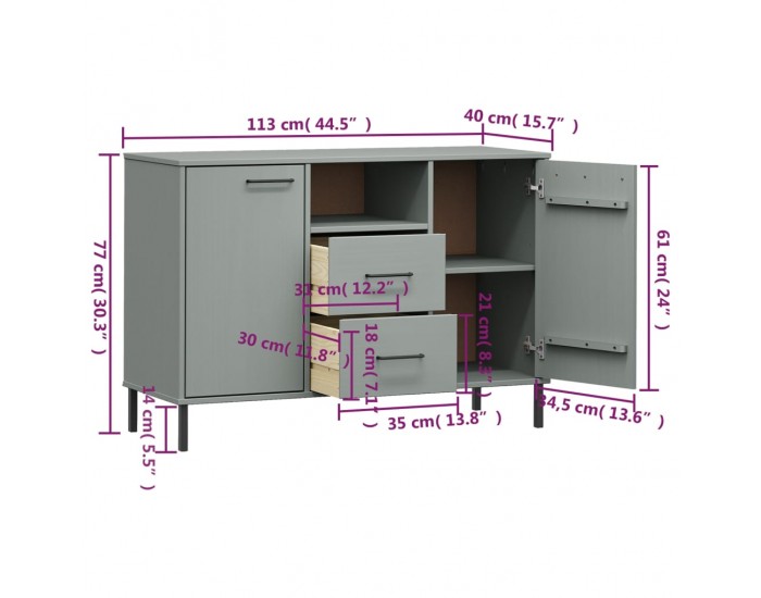 Sonata H Бюфет с метални крака сива 113x40x77 см масивно дърво OSLO Sonata H Бюфет с метални крака сива 113x40x77 см масивно дърво OSLO