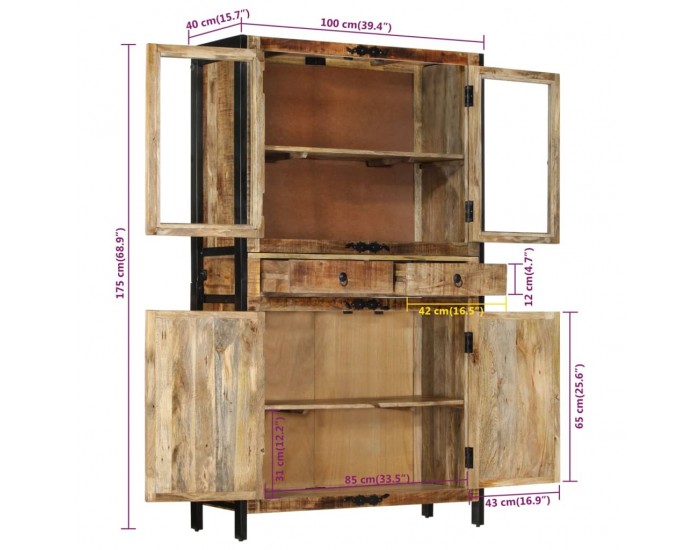 Sonata H Висок шкаф 100x40x175 см грубо мангово дърво масив