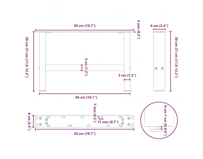 Sonata H Крака за масичка за кафе черни 2 бр. 50x(30-31) см стомана