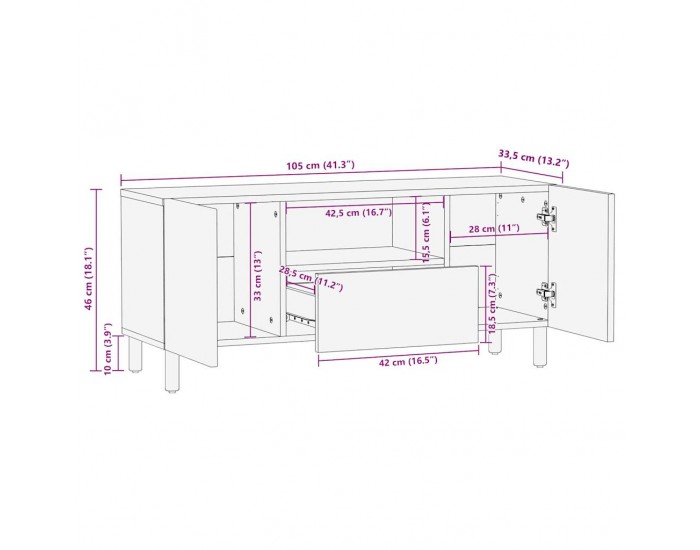 Sonata H ТВ шкаф, черен, 105x33,5x46 см, грубо мангово дърво масив