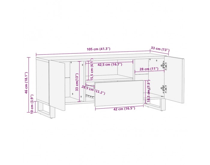 Sonata H ТВ шкаф, черен, 105x33x46 см, масивно мангово дърво