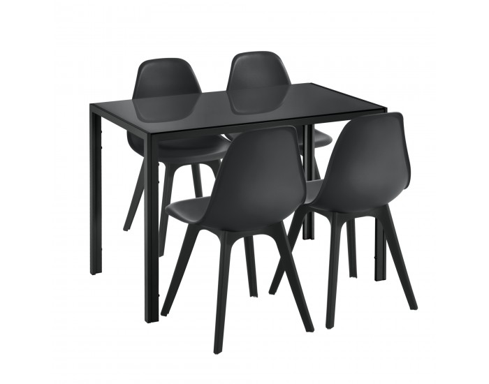 Трапезна маса Stathelle 105x60x75 см черен стъклен плот 4 стола черни