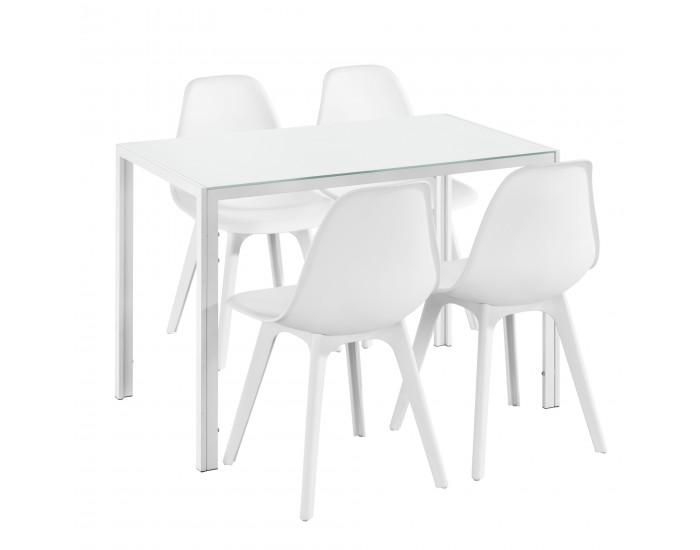 Трапезна маса Stathelle 105x60x75 см бял стъклен плот 4 стола бели