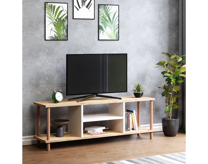 Стойка за телевизор Ærøskøbing с 2 отделения за съхранение 43 x 120 x 29 см вид на дърво/бяло []