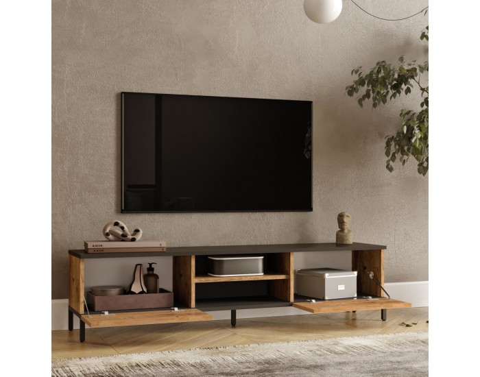 Стойка за телевизор Lempäälä с 2 отделения за съхранение 160 x 35 x 39 cm рустик дъб/антрацит []