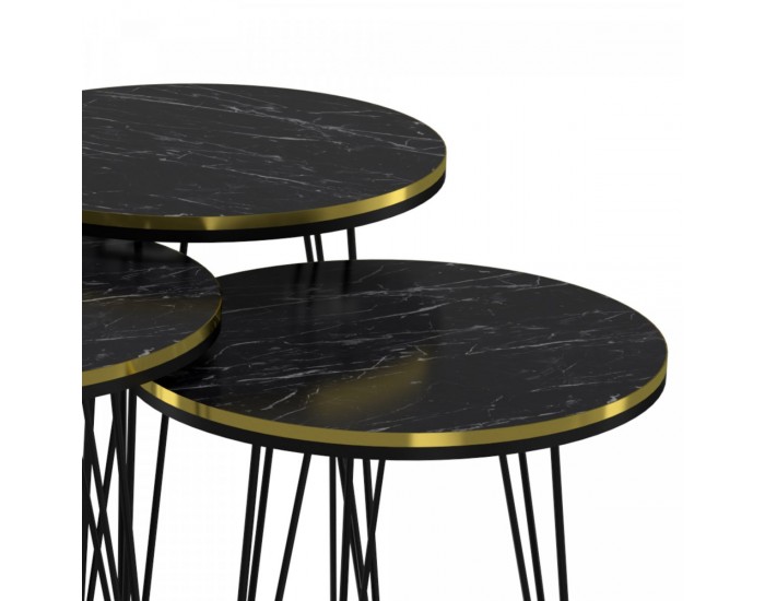 Ry маса за гнездене в комплект от 3 мраморни, черни / златни / черни []