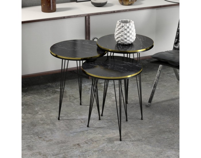 Ry маса за гнездене в комплект от 3 мраморни, черни / златни / черни []