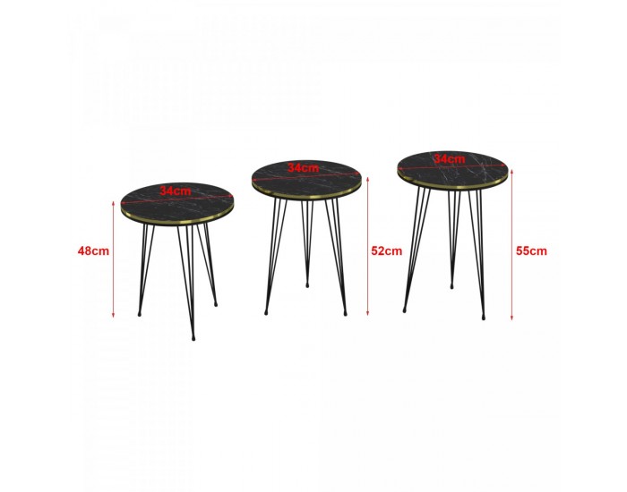 Ry маса за гнездене в комплект от 3 мраморни, черни / златни / черни []