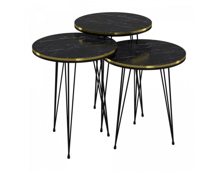 Ry маса за гнездене в комплект от 3 мраморни, черни / златни / черни []