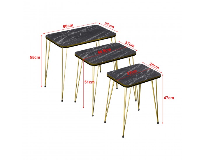 Комплект маси за гнездене Rudkøbing от 3 черни мраморни визии / златни []